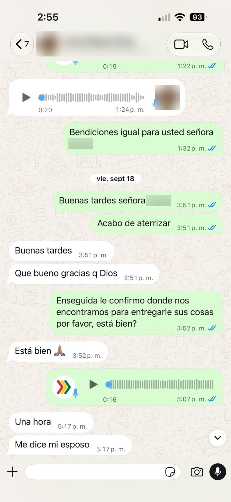 Chat de WhatsApp de un cliente: Entrega en mano
