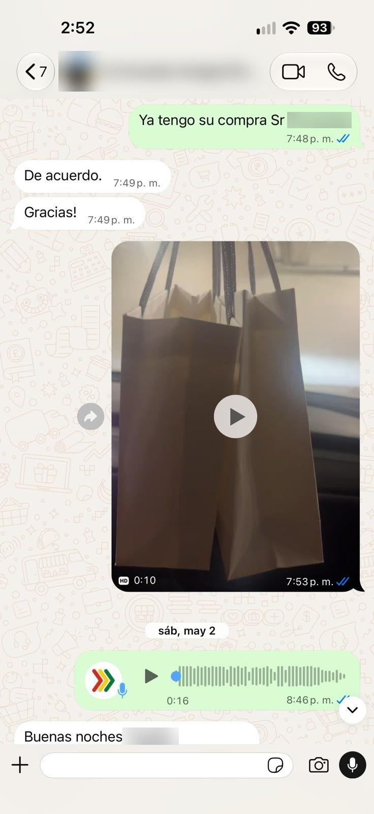 Chat de WhatsApp de un cliente: Compras en tienda