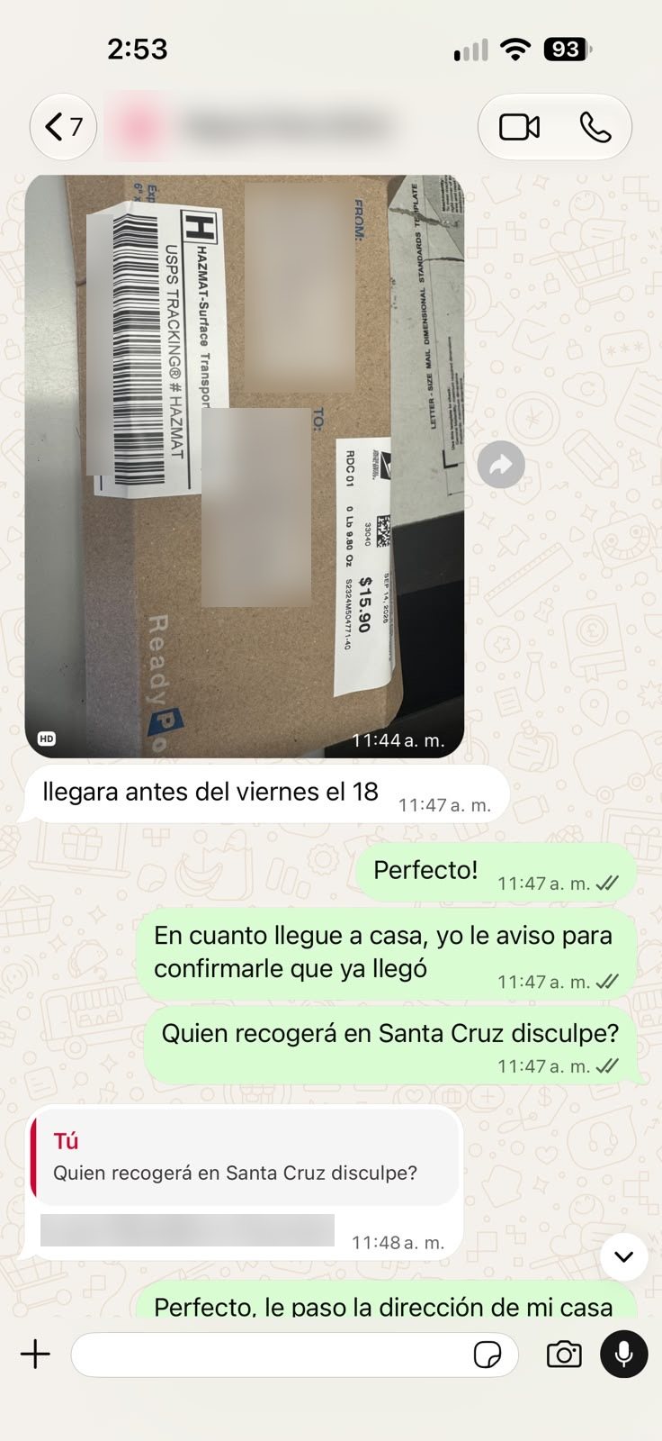 Chat de WhatsApp de un cliente: Encomienda desde EE.UU.