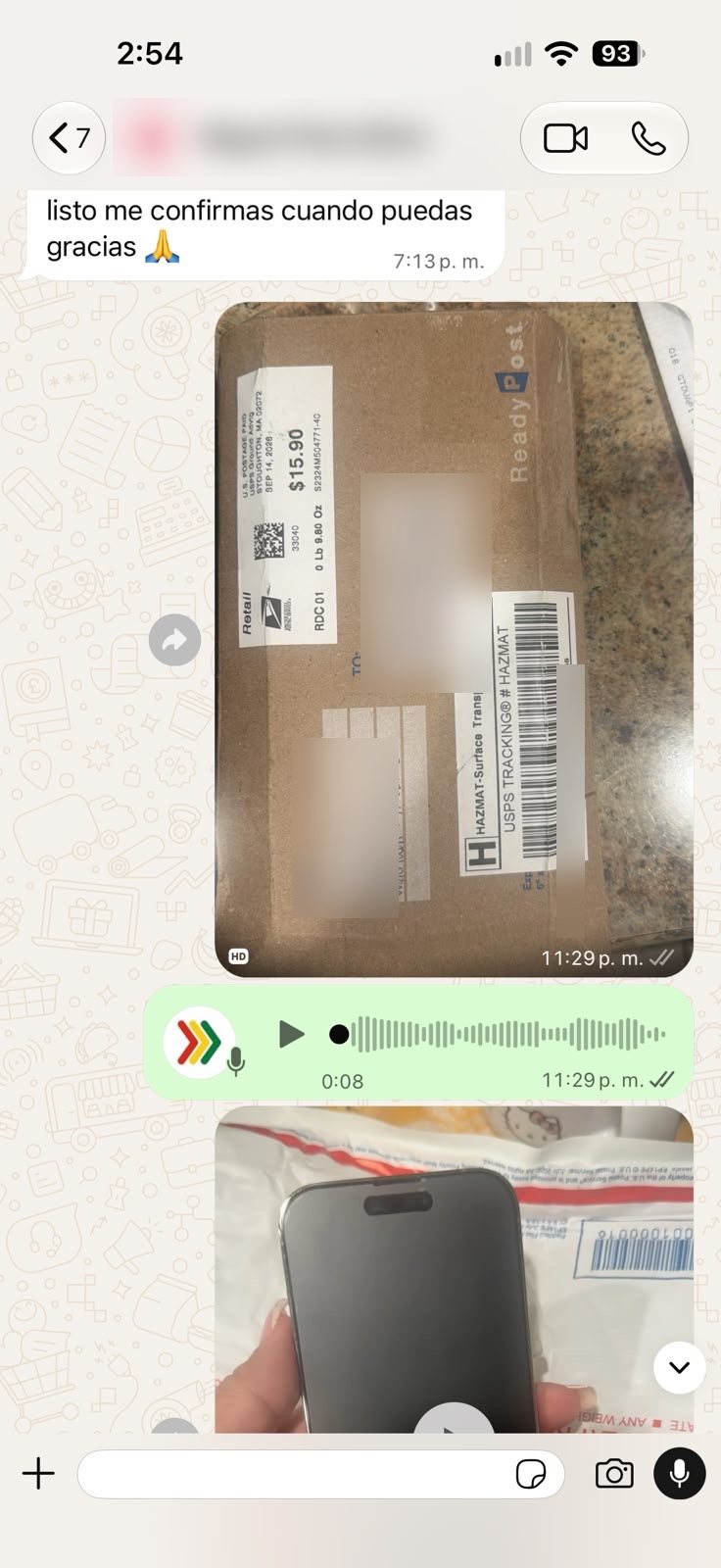 Chat de WhatsApp de un cliente: Encomienda desde EE.UU.