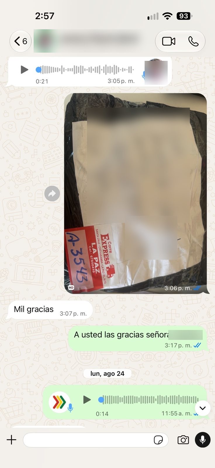 Chat de WhatsApp de un cliente: Envío a La Paz