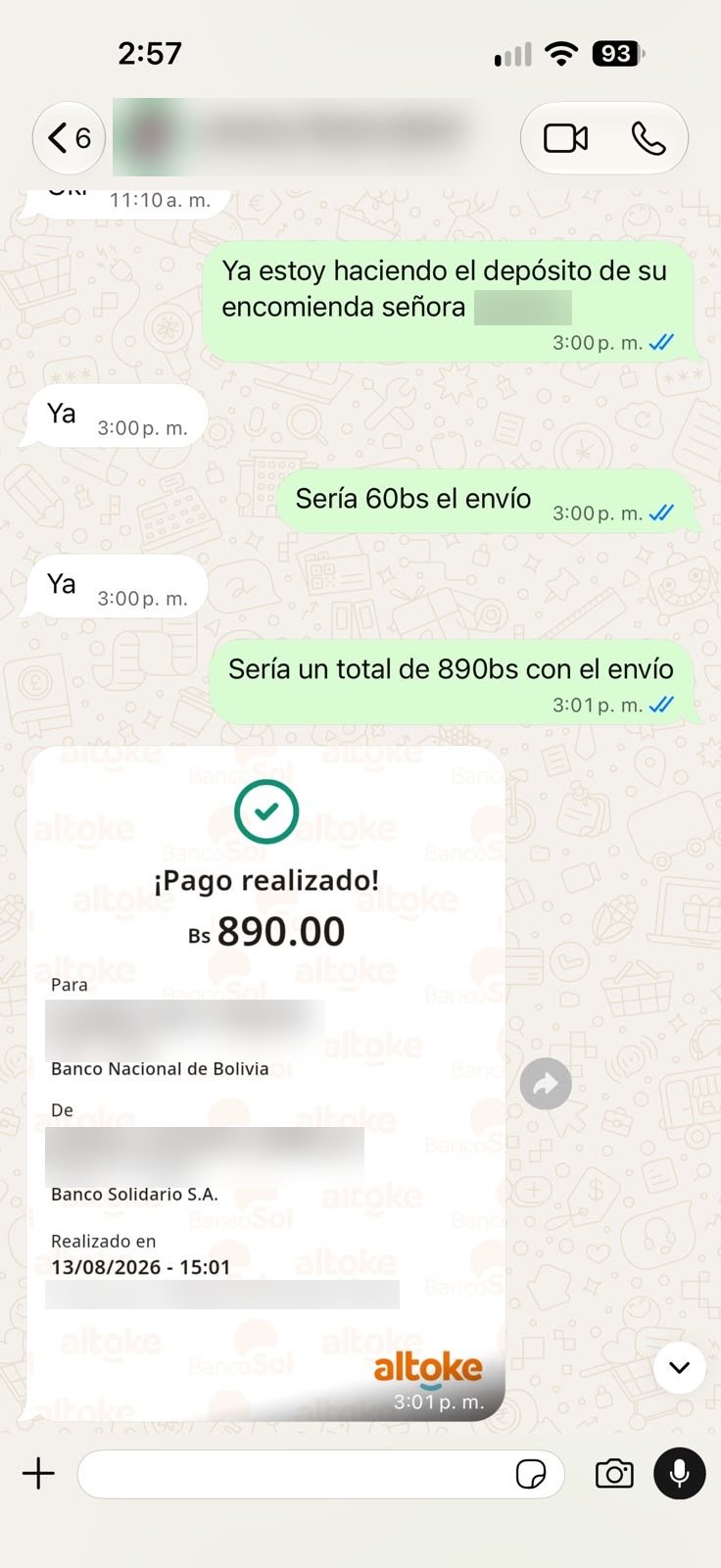 Chat de WhatsApp de un cliente: Envío a La Paz